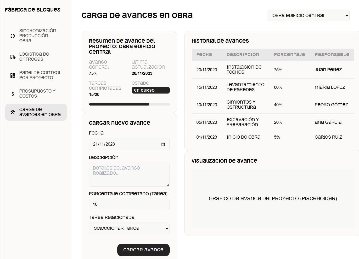Interfaz de Carga de Avances en Obra
