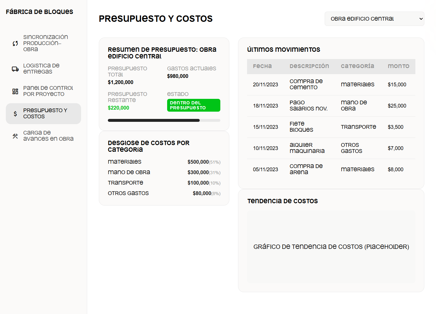 Interfaz de Presupuestos y Costos